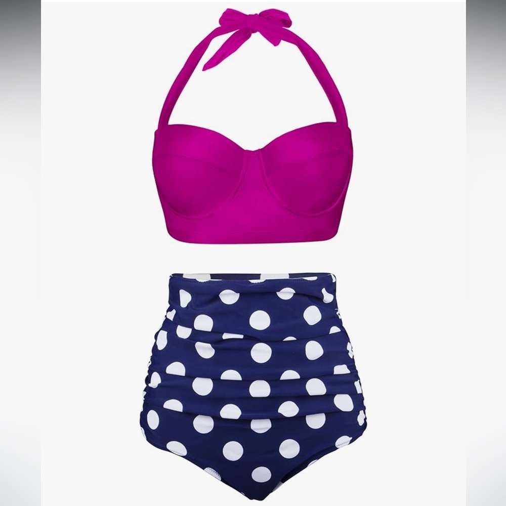 Fuchsia/Pink Bikini Top and Polka Dot High-Waisted Bottoms
